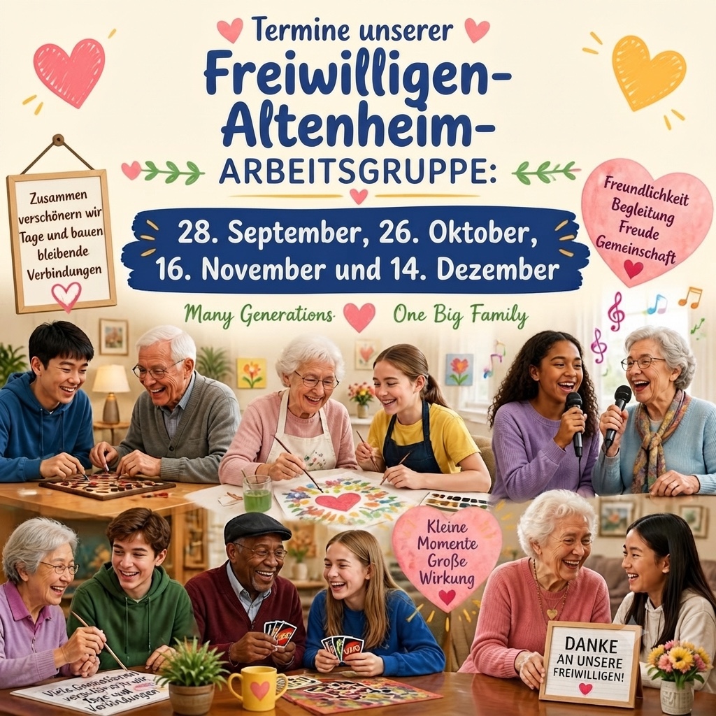 Termine der Freiwilligen-Altenheim-Arbeitsgruppe: 28. September, 26. Oktober, 16. November und 14. Dezember 2026