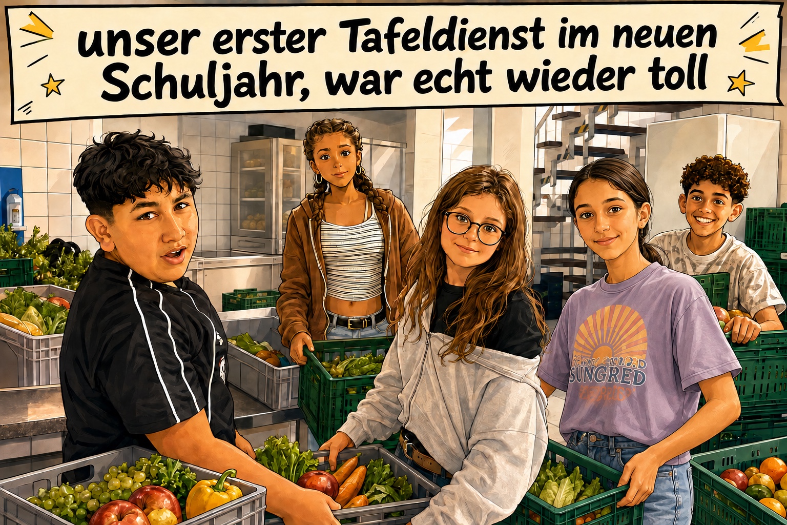 Illustriertes Gruppenbild von Jugendlichen beim ersten Tafeldienst im Schuljahr 2026/27