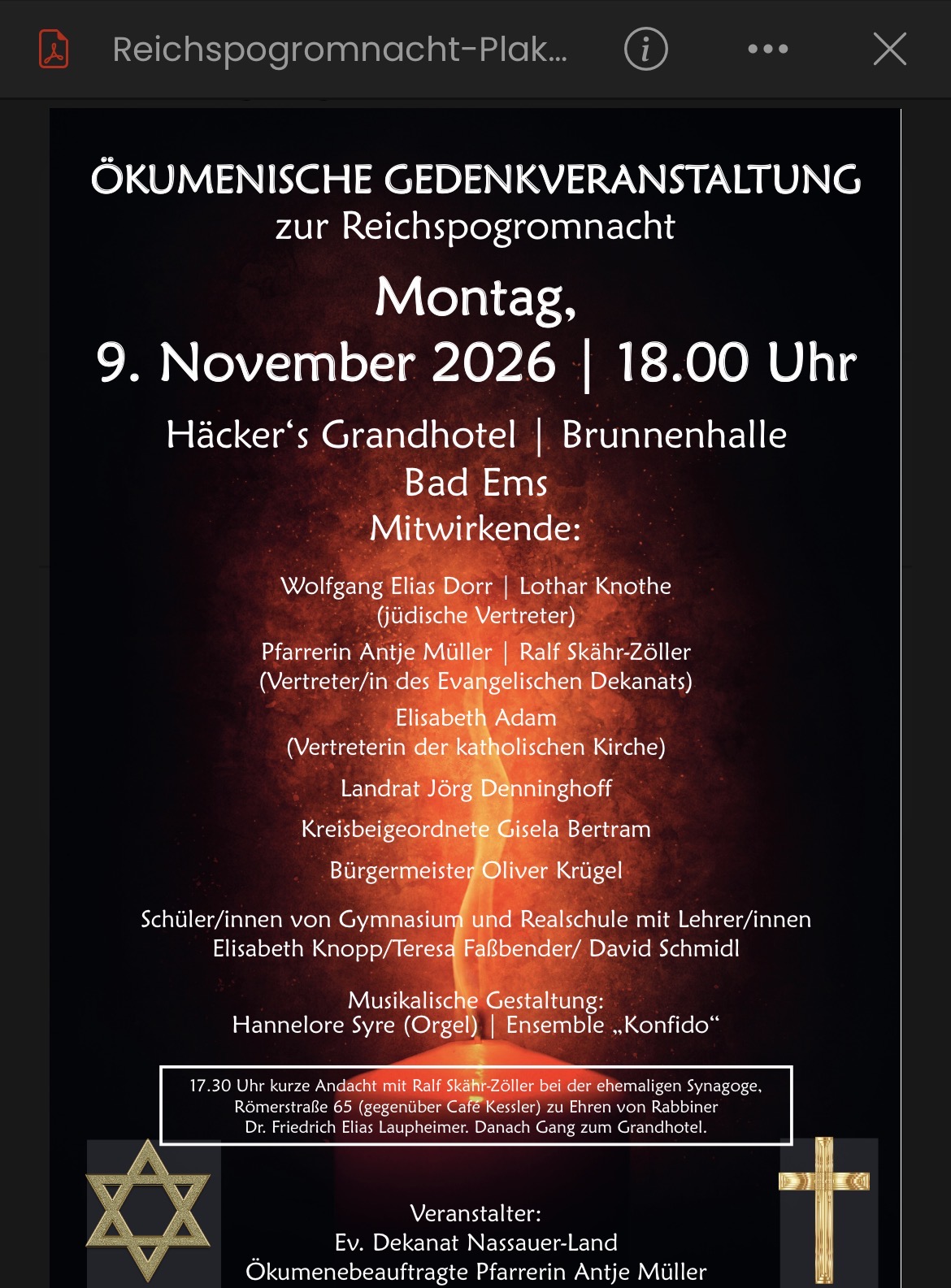 Plakat zur ökumenischen Gedenkveranstaltung zur Reichspogromnacht am 9. November 2026 in der Brunnenhalle Bad Ems