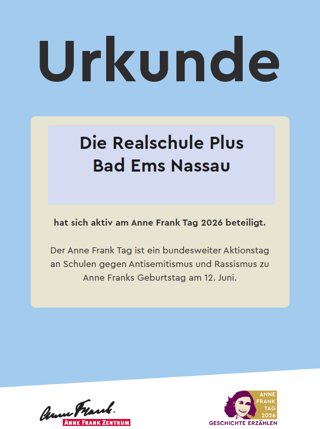 Urkunde des Anne Frank Zentrums: Die Realschule plus Bad Ems Nassau hat sich aktiv am Anne Frank Tag 2026 beteiligt.